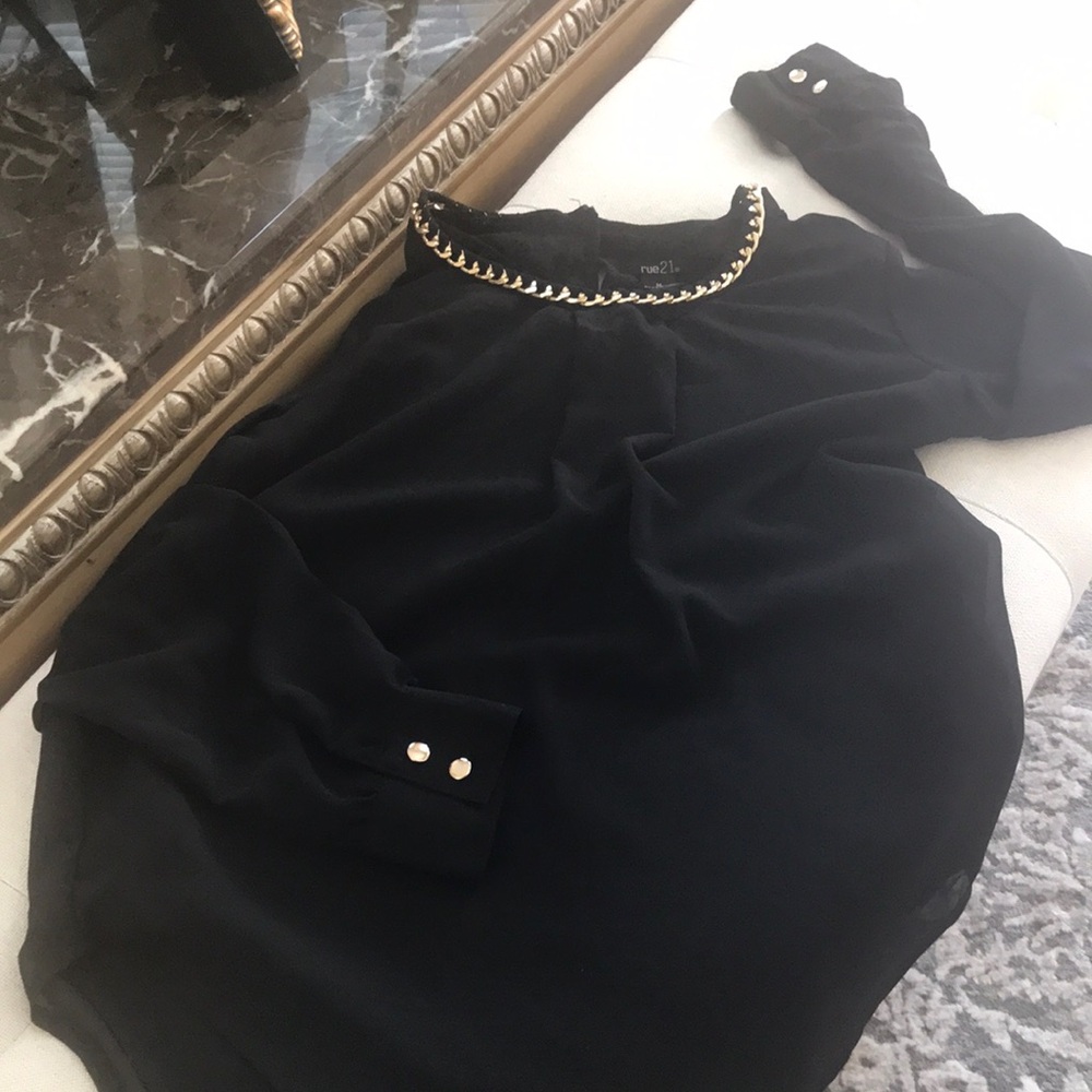 Black Long Sleeve Top with Gold Chain Detail